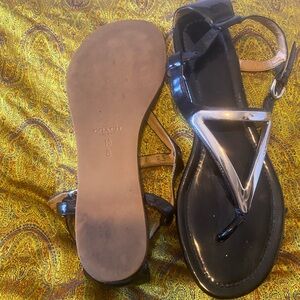 Coach Black Patent Leather Thong Sandals with Silver Triangle Detail